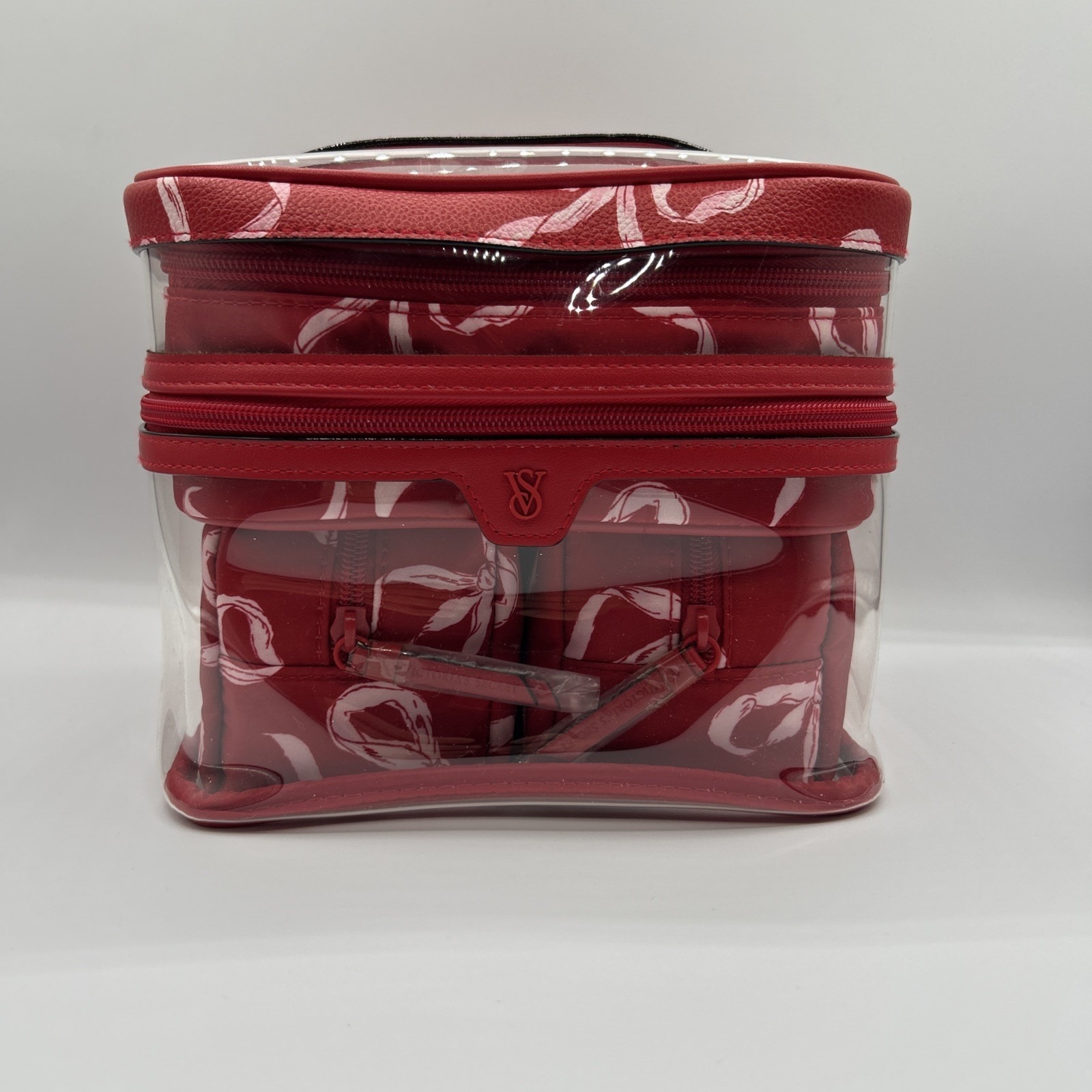 Victoria's Secret Makeup Bag 4 Pcs Red White Bows Train Case New With Tags